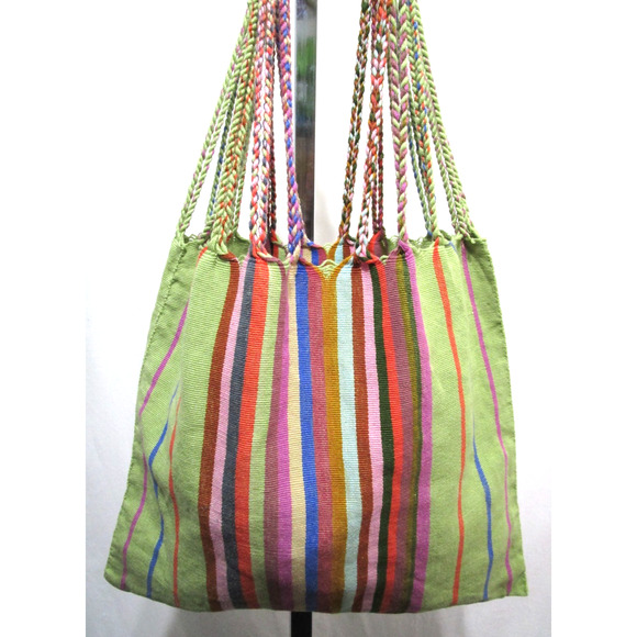 Handmade Medium Sz. Multicolor Striped Mexican Market Tote Bag - Picture 2 of 10